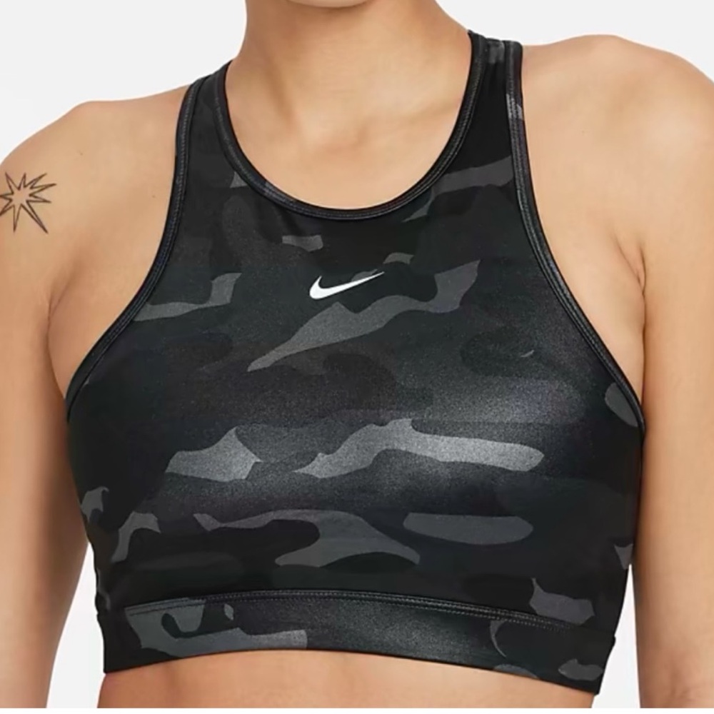 Nike Women's Iron Grey/Black Camo Swoosh Sports Bra - Medium